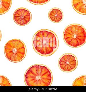 Seamless pattern with red blood orange oranges isolated on white background. Stock Photo