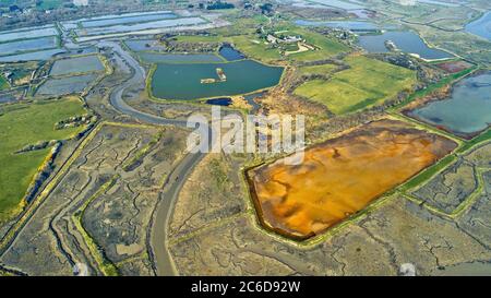 Sene (Brittany, north-western France): aerial view of the former salt marshes, home to the Marais de Sene Nature Reserve, on the Nayalo river, in the Stock Photo