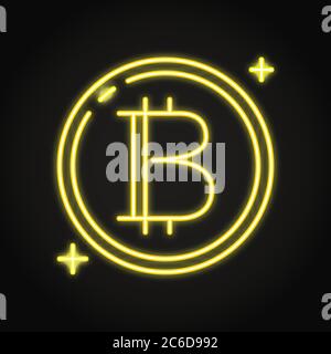 Bitcoin symbol icon in neon line style. Shiny cryptocurrency symbol isolated on dark background. Vector illustration. Stock Vector
