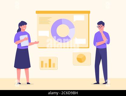 man and woman discussion with graph and chart data business analysis on board with modern flat style Stock Vector