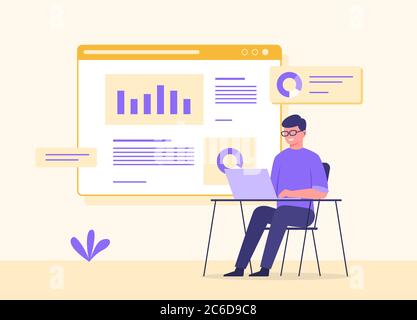 Man wearing glasses sitting in a chair working laptop background graph data on the screen with flat cartoon style. Stock Vector