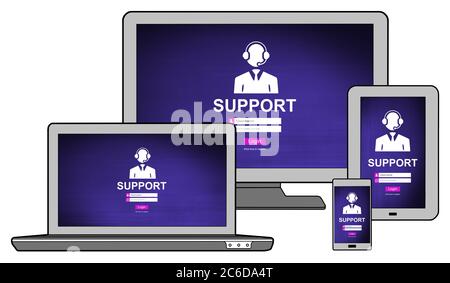 Support concept shown on different information technology devices Stock Photo