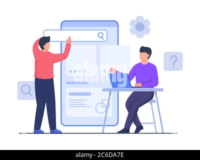 Guy sit chair working on laptop collaboration with partner setting UI on big smart phone create app design with flat cartoon style. Stock Vector