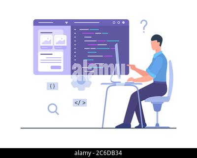 Man programer sit chair work on computer create development mobile app with flat cartoon style. Stock Vector