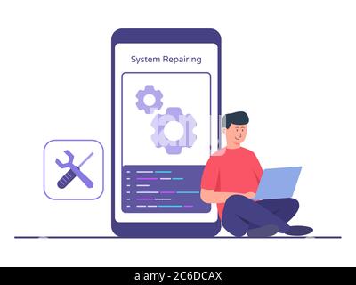 Technician man sitting floor in front big smartphone working on laptop repairing mobile app with flat cartoon style. Stock Vector