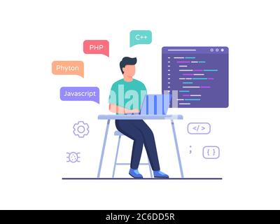 Software engineer sit in chair working on laptop use programming language code with flat cartoon style. Stock Vector