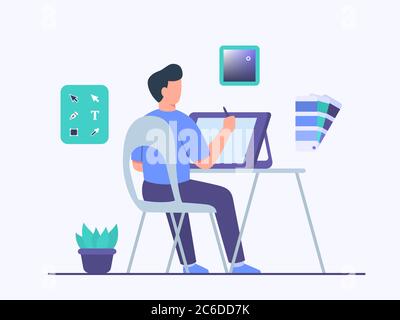 Guy Illustrator character sitting chair work on tablet create design illustration use tool application program with flat cartoon style . Stock Vector