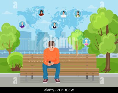 Young guy sitting in the modern city street park and using smartphone phone. Texting to friends in different parts of world. Stock Vector