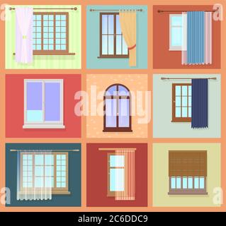 Set of high quality various Vintage Windows with curtains. Vector illustration. Stock Vector