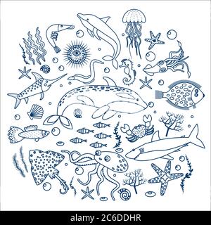 Concept Set of sea animals fish. Outline line Vector illustration Stock Vector