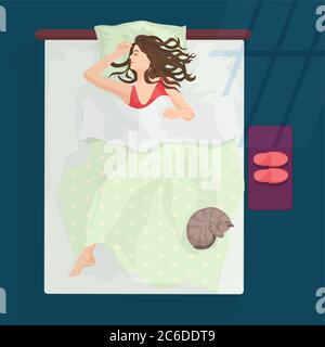 Sleeping woman female in bad at night near window. Vector illustration Stock Vector