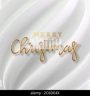 3D Realistic golden inscription Merry Christmas on a white silk background. Golden metallic text xmas for banner design. Template from texture fabric Stock Vector