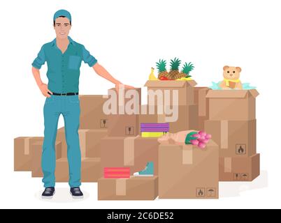 Delivery move service man near boxes. Cargo concept vector illustration Stock Vector