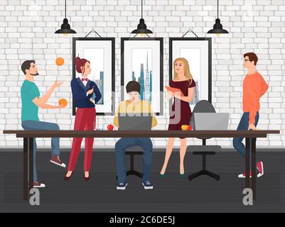 Creative Team in coworking center. Various people working and talking together at the table in the office Stock Vector