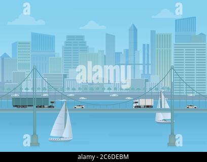 Amazing Bridge with trucks and cars on the modern city cityshape background Stock Vector