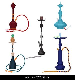 Flat color hookah vector collection set isolated on the white. Stock Vector