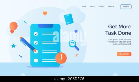 Get more task done clipboard checklist icon campaign for web website home page landing template with cartoon style. Stock Vector