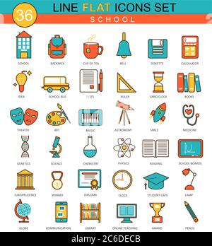 Vector School flat line icon set. Modern elegant style design for web Stock Vector