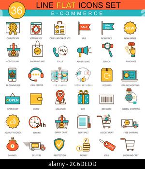 Vector e-commerce flat line icon set. Modern elegant style design for web Stock Vector