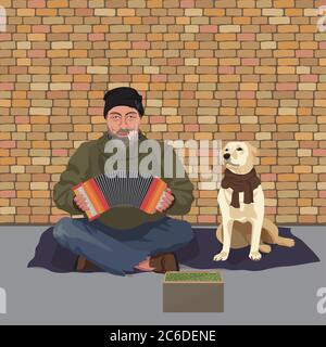 Homeless man with Dog. Shaggy man in dirty rags playing the accordion harmony. Asking for help Stock Vector