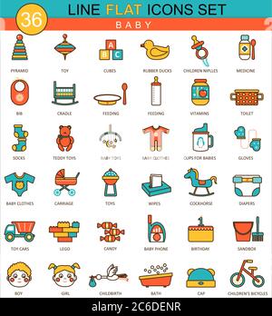 Vector baby flat line icon set. Modern elegant style design for web Stock Vector