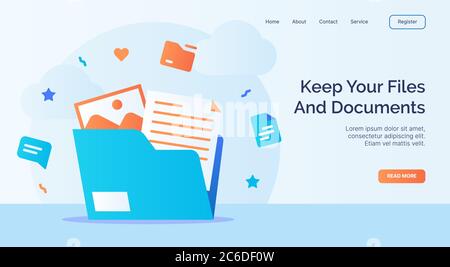 Keep your files and documents file folder icon campaign for web website home page landing template with cartoon style Stock Vector