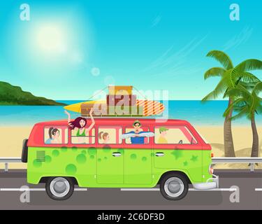 Group of young people traveling in vintage bus Camper van on the sea. Stock Vector