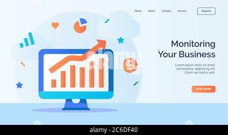 Monitoring your business computer screen growth chart icon campaign for web website home page landing template with cartoon style. Stock Vector