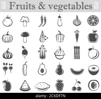 Vector fruits and vegetables black icon set. Dark grey ultra modern icons Stock Vector
