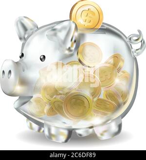 Piggy bank 3d realistic glass in vector on a white background. Coins, savings, bank, finance money cash gold dollar, the year of the pig, wealth Stock Vector