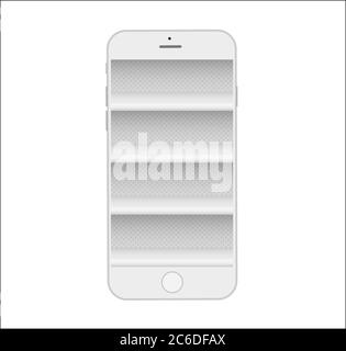 Store shelves in phone, online e-commerce mobile shopping concept. Mobile store in phone Stock Vector
