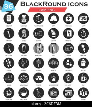 Vector camping circle white black icon set. Ultra modern icon design for web Stock Vector