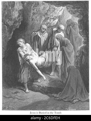 Jesus is Buried in the Tomb [Matthew 27:60-61] From the book 'Bible Gallery' Illustrated by Gustave Dore with Memoir of Dore and Descriptive Letter-press by Talbot W. Chambers D.D. Published by Cassell & Company Limited in London and simultaneously by Mame in Tours, France in 1866 Stock Photo