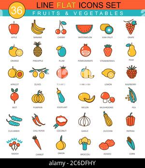 Vector Fruits and vegetables flat line icon set. Modern elegant style design for web Stock Vector