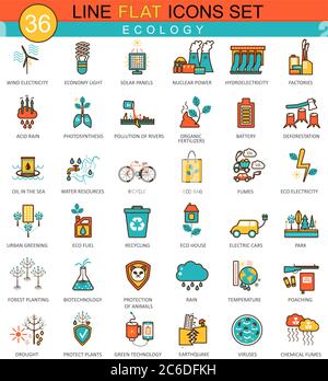 Vector Ecology flat line icon set. Modern elegant style design for web Stock Vector