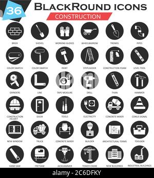 Vector Construction and building tools circle white black icon set. Ultra modern icon design for web Stock Vector
