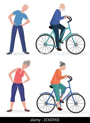 Fitness sport healthy old people grandparents couples set. Senior man and woman pedal bicycle Stock Vector