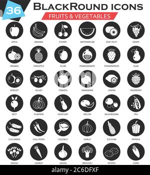 Vector Fruits and vegetables circle white black icon set. Ultra modern icon design for web Stock Vector