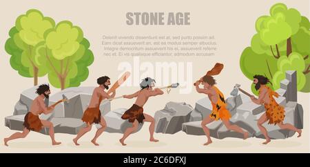 Stone age war primitive men tribes fighting. Barbarian Caveman warrior, ancient man with weapons Stock Vector