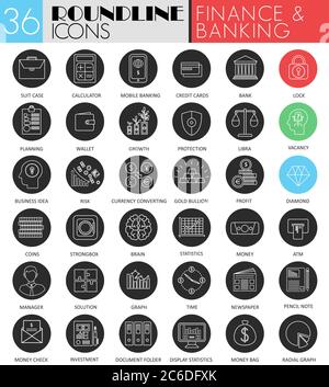 Vector finance banking circle white black icon set. Modern line black icon design for web Stock Vector