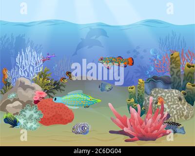 Sea ocean underwater landscape scene with colorful exotic fish, plants and coral reef Stock Vector