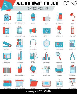 Vector Office ultra modern outline artline flat line icons for web and apps Stock Vector
