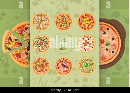 Pizza Restaurant concept menu. Piece of pizza on the cutting board. Pizza menu illustration Stock Vector