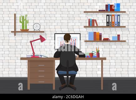 Back view of Business Man working on desktop computer in the modern office Stock Vector