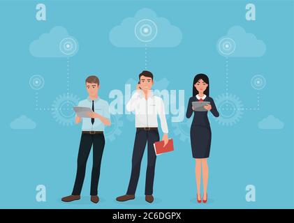 People with gadgets using social business connection communications in clouds concept Stock Vector