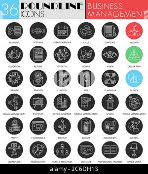 Vector Business management circle white black icon set. Modern line black icon design for web Stock Vector