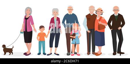 Old people grandparents couples set. Granny with kids and dog Stock Vector