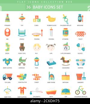 Vector Baby color flat icon set. Elegant style design Stock Vector