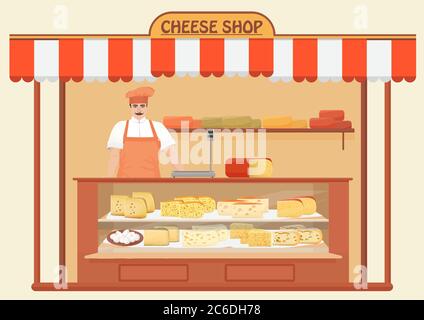 Cheese Shop. Man Seller. Store shelves with different kind of Cheese set. Parmesan mozarella swiss emmentaler cheddar gouda icons collection Stock Vector
