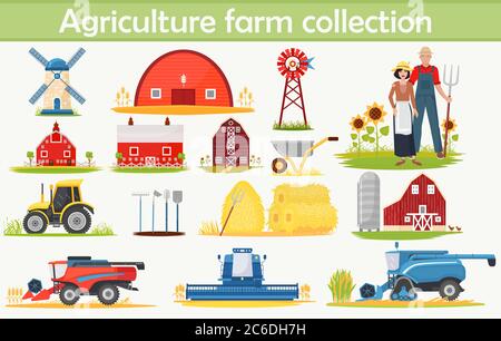 Farm Agriculture infographics elements set with technical equipment, buildings and other tools Stock Vector